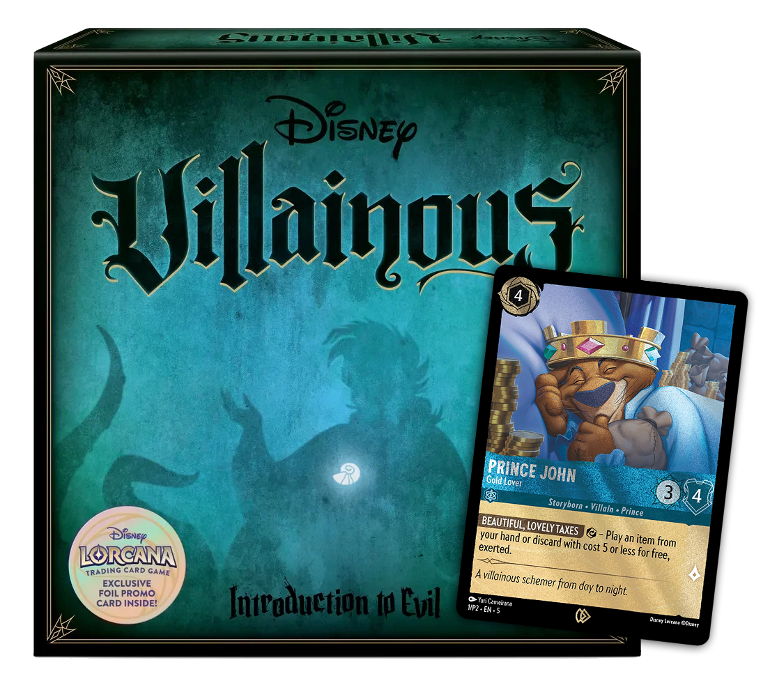 boîte de jeu disney villainous avec la carte promotionnelle prince jean